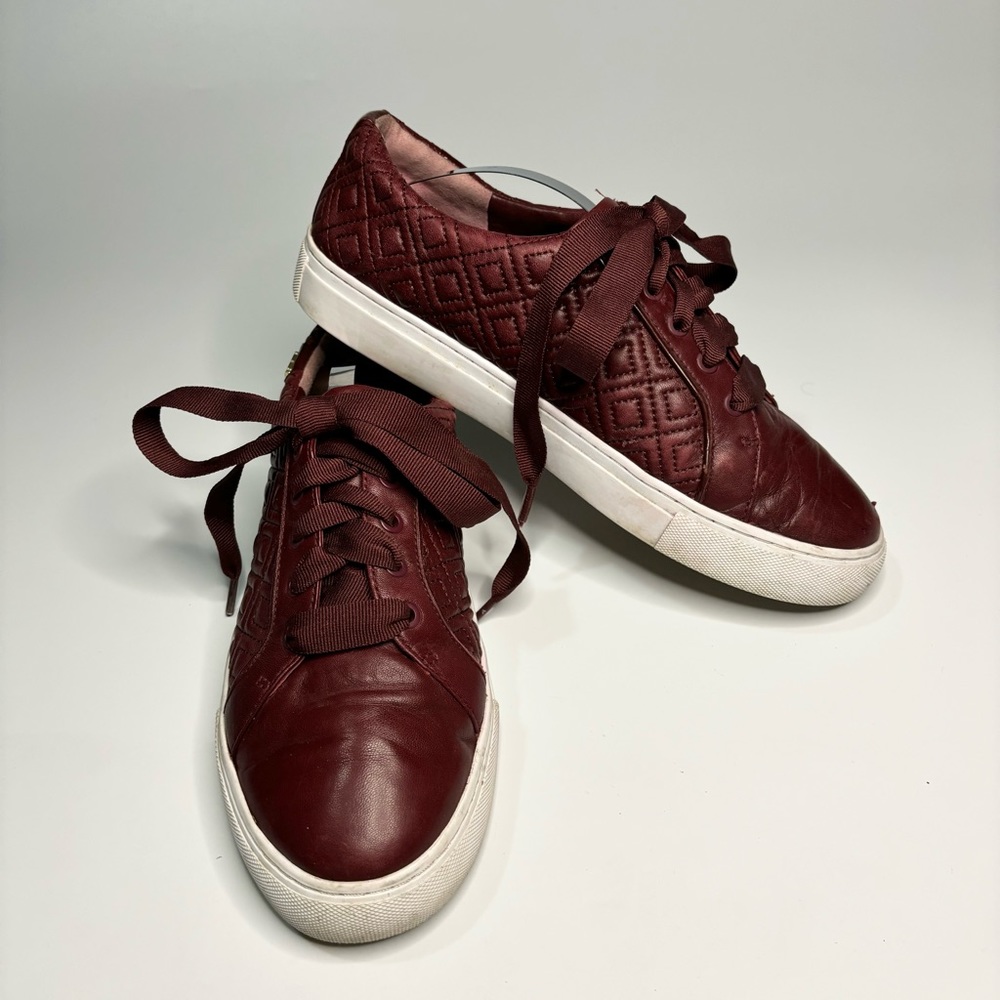 Tory Burch 8.5M Marion Quilted Leather Sneakers Burgundy Red Agate